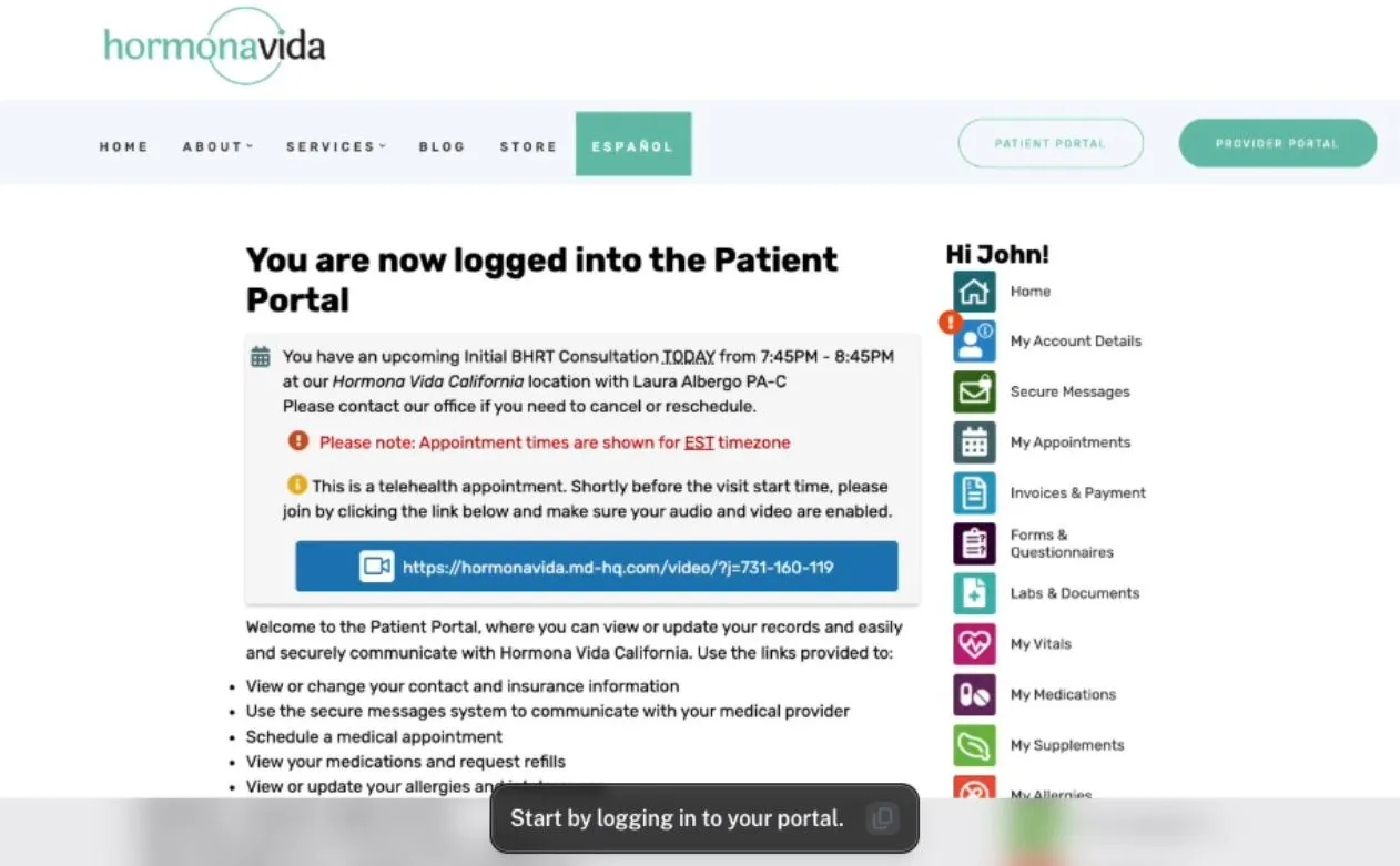 You are now logged into the patient portal