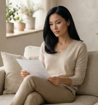 Mujer revisando resultados de laboratorio