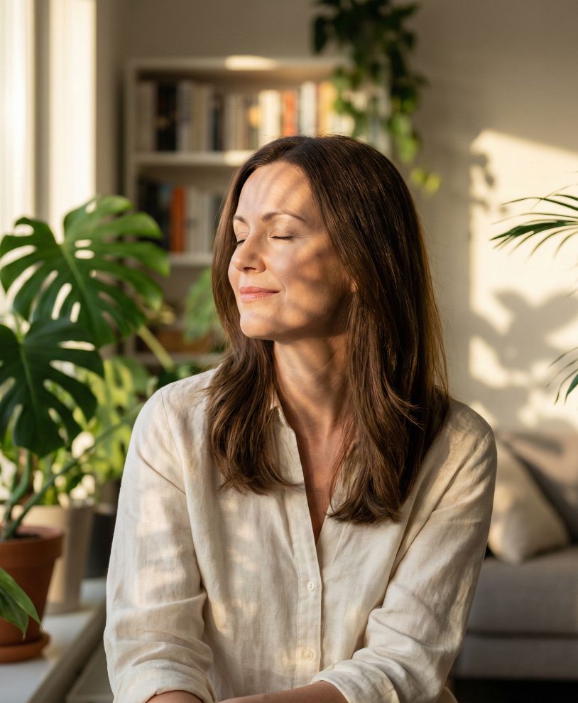 Woman at peace with hormonal health journey